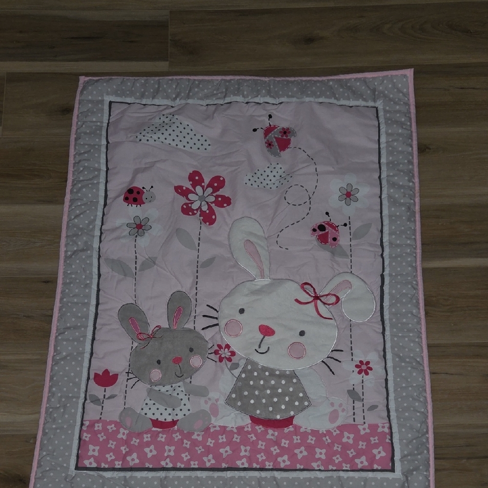 Adorable Bunny and Ladybug Baby Quilt in Pink and Gray